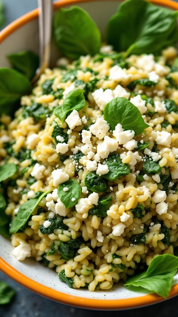 A delicious bowl of spinach and feta risotto topped with fresh spinach and crumbled feta cheese.