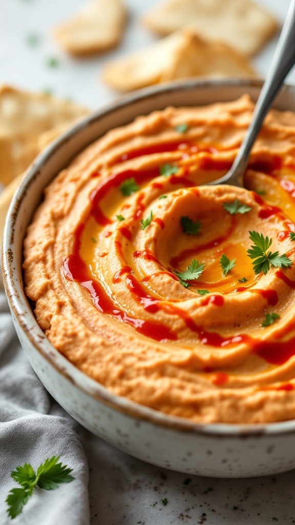 A bowl of sriracha hummus garnished with cilantro and drizzled with sriracha sauce.