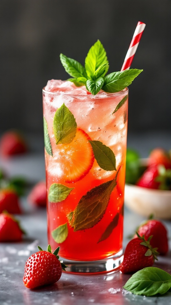 A refreshing cocktail made with strawberries and basil, garnished with fresh herbs.