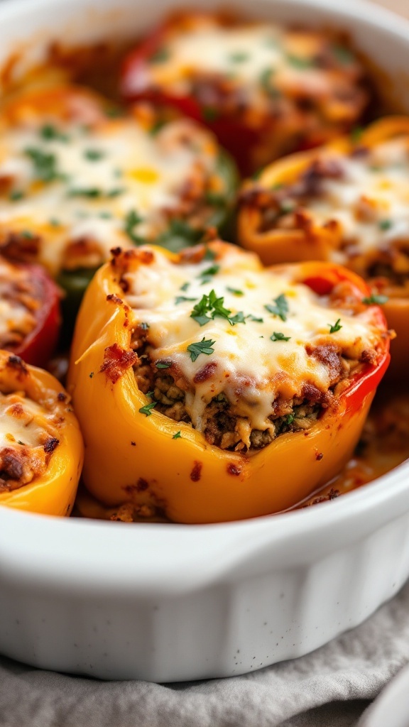 Stuffed bell pepper casserole with melted cheese and parsley