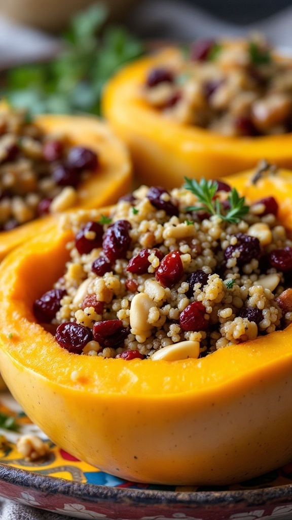 Stuffed butternut squash boats filled with quinoa and cranberries.