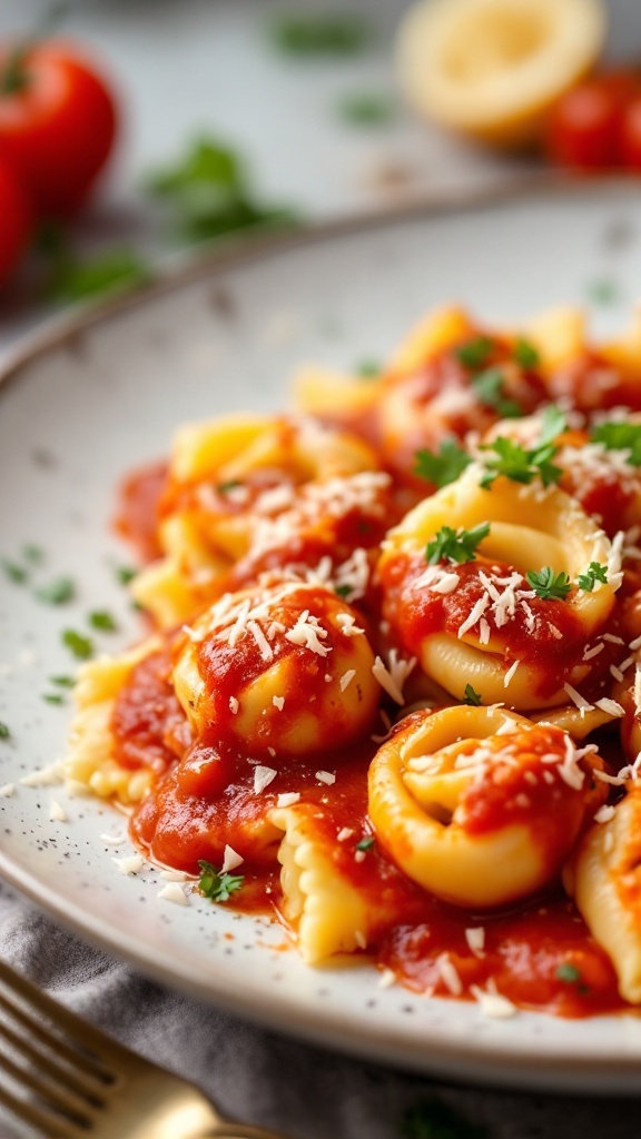 A plate of stuffed tortellini drizzled with marinara sauce, garnished with parsley and Parmesan cheese.