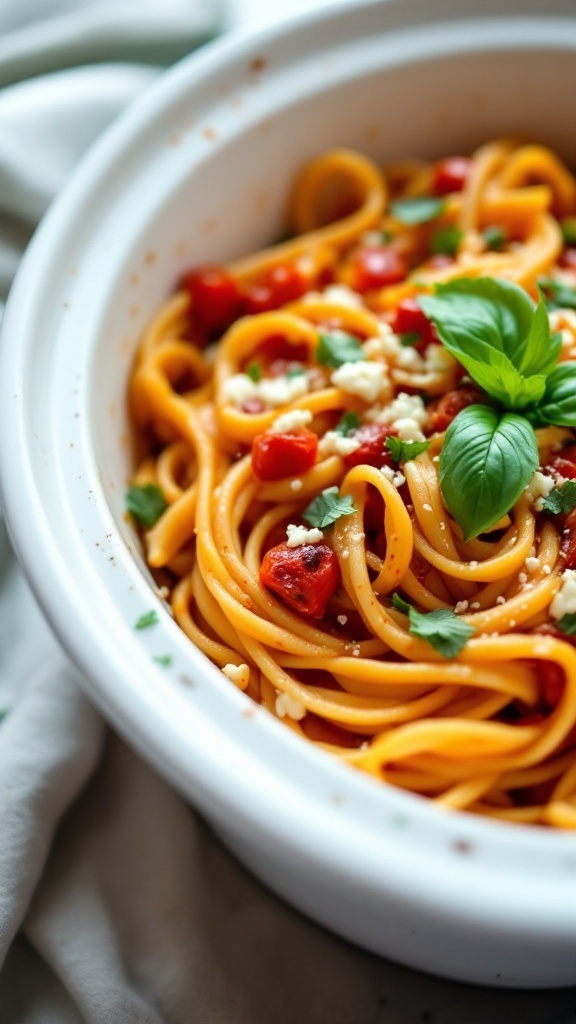 A bowl of Sundried Tomato and Feta Pasta with fresh basil