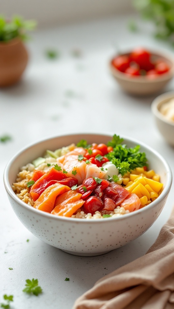 A colorful sushi burrito bowl with various fresh ingredients.