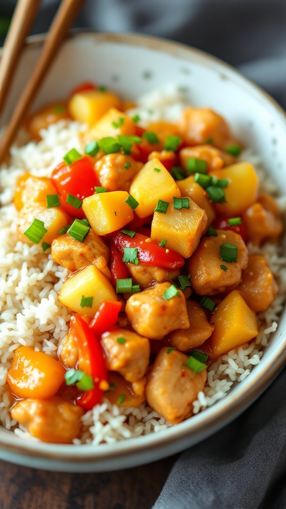 A delicious serving of sweet and sour chicken with rice and colorful vegetables.