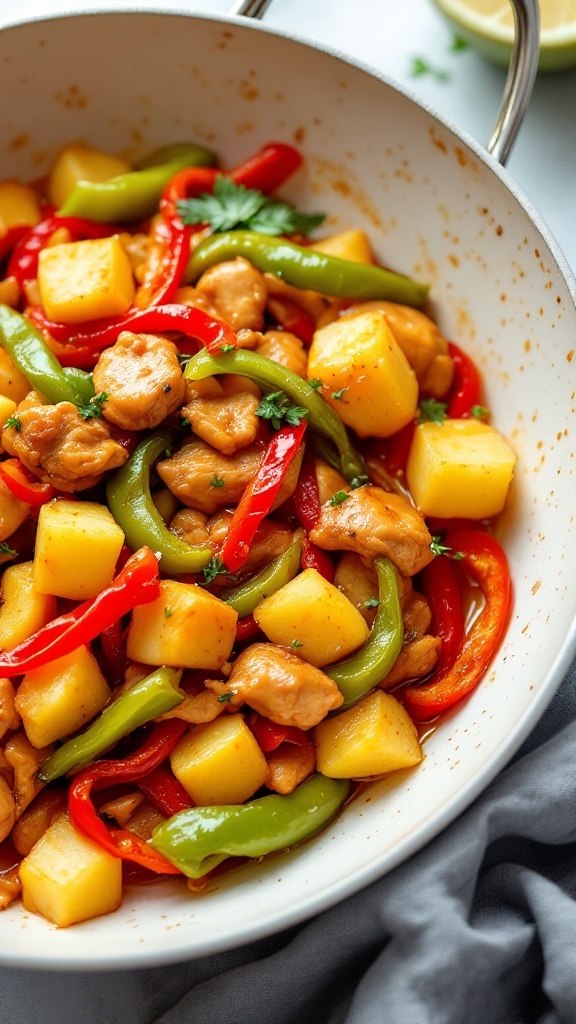 A colorful sweet and sour chicken stir fry with chicken, bell peppers, and pineapple in a white bowl.