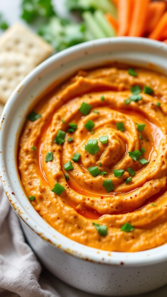 Bowl of Sweet and Spicy Thai Peanut Dip garnished with cilantro, served with veggies and crackers.