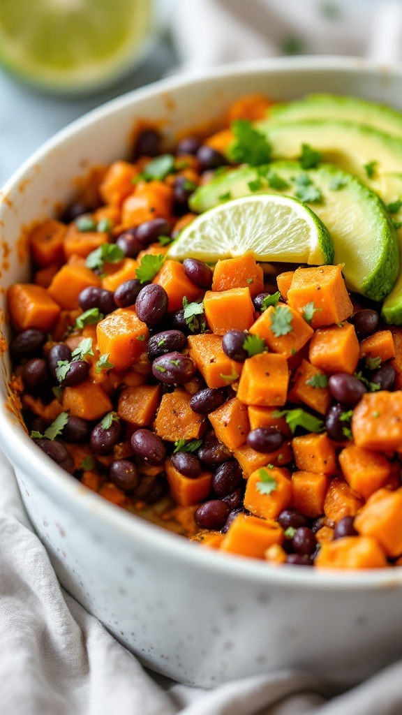 A hearty bowl of sweet potato and black bean casserole topped with lime and cilantro.