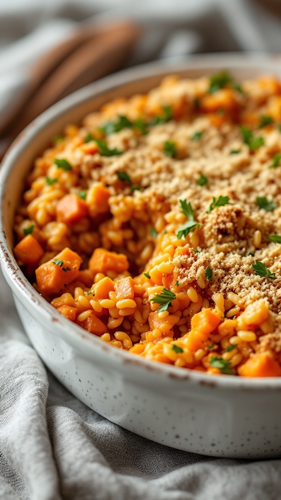 A delicious Sweet Potato and Orzo Casserole, topped with breadcrumbs and parsley.