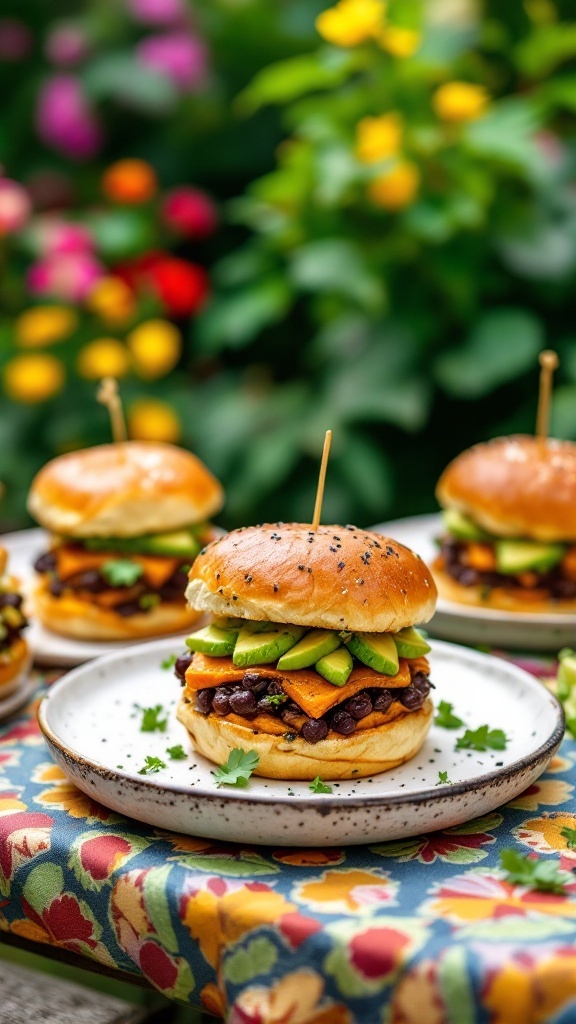 Sweet potato and black bean sliders on a plate, garnished with avocado and cilantro.