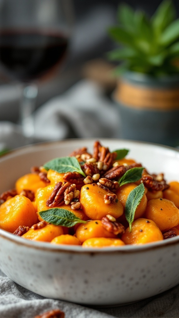 A bowl of sweet potato gnocchi topped with sage and pecans