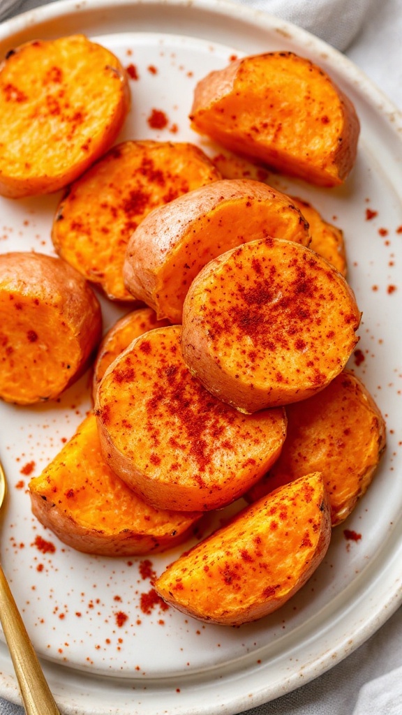 Crispy sweet potato wedges seasoned with paprika served on a plate.