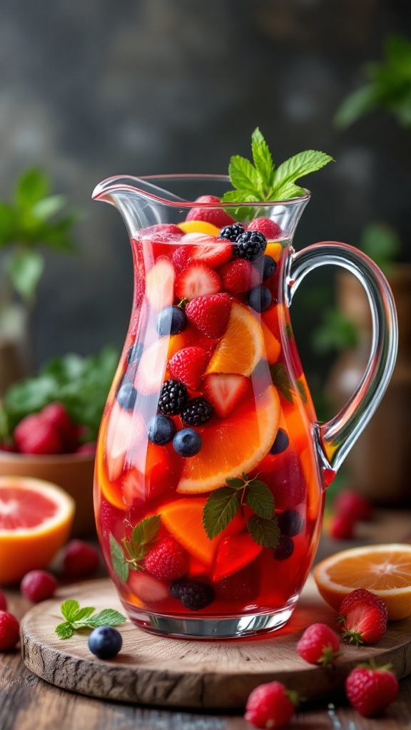 A vibrant pitcher of Sweetheart Sangria surrounded by colorful fruits and flowers.