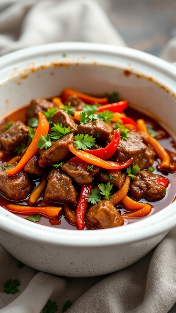 A serving of Szechuan beef with bell peppers in a white bowl, garnished with cilantro.