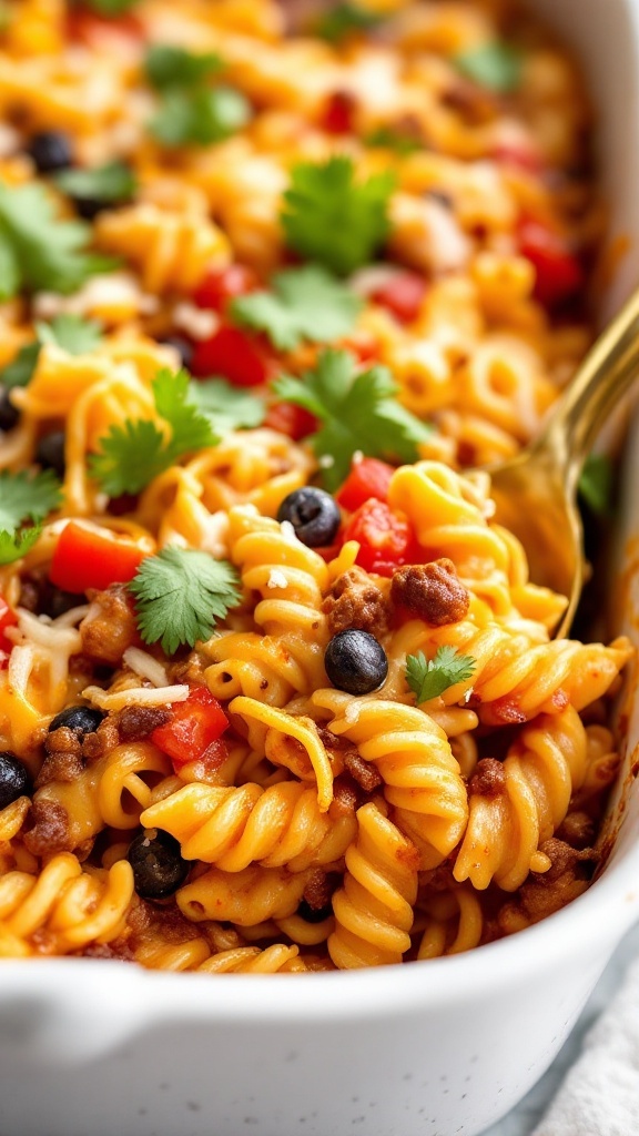 A delicious Taco Pasta Bake with rotini pasta, ground beef, black beans, and topped with cheese and cilantro.