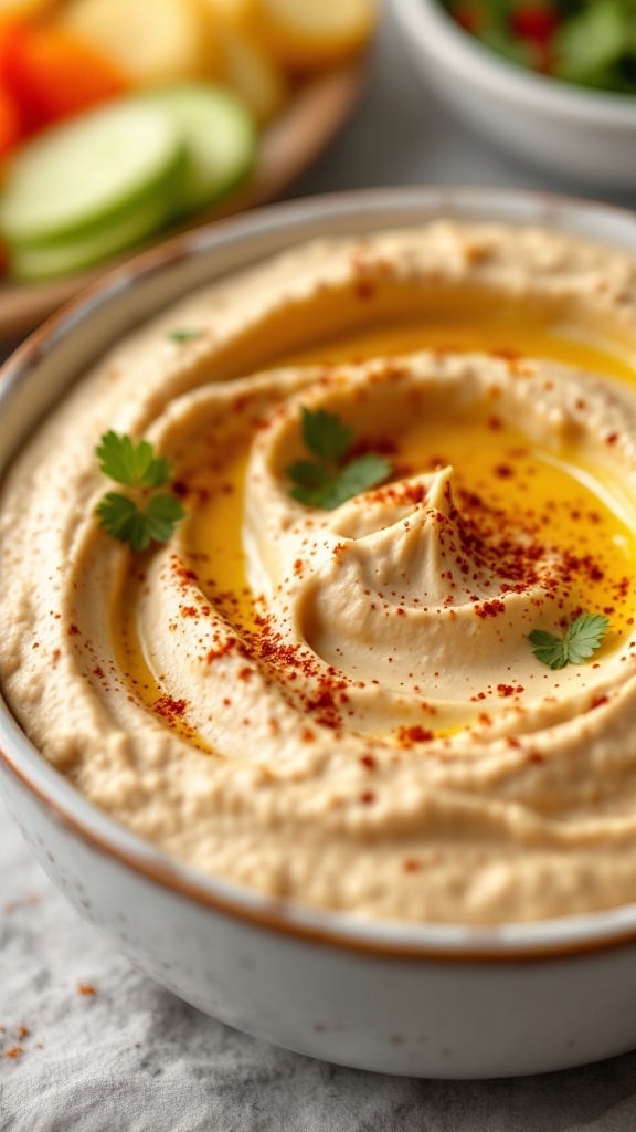 Bowl of tahini-free hummus topped with olive oil and spices