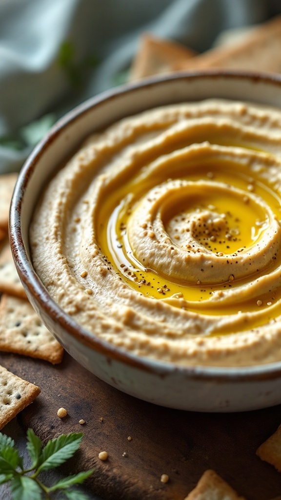 A bowl of creamy tahini and sesame seed hummus, garnished with olive oil and sesame seeds.