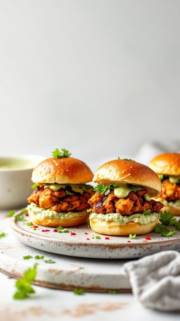 Tandoori Chicken Sliders with Mint Chutney on a plate