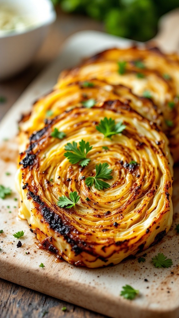 Deliciously grilled cabbage steaks garnished with herbs