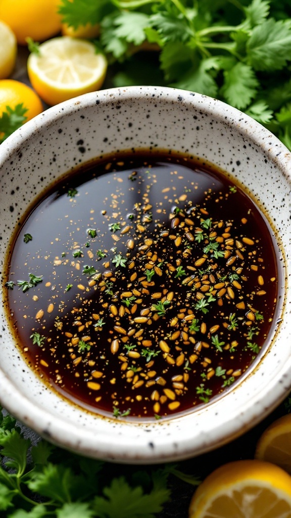 Balsamic vinegar marinade in a bowl with herbs and spices.