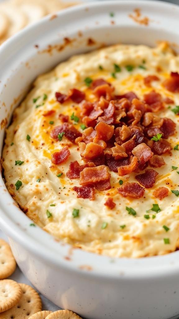 A creamy jalapeño popper dip topped with crispy bacon, served with crackers.