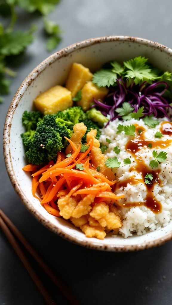 A colorful and appetizing tempura vegetable sushi bowl