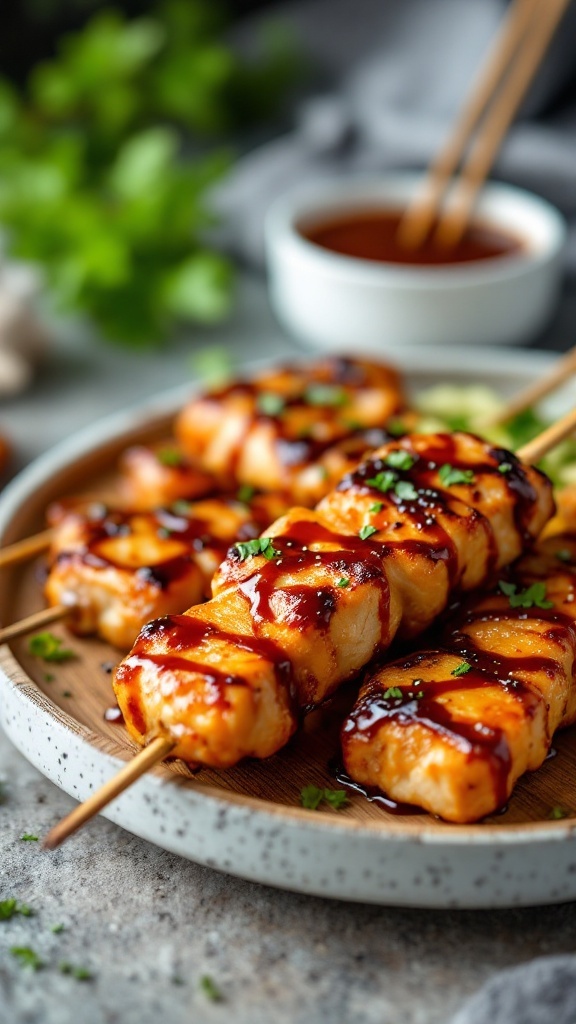 Delicious teriyaki chicken skewers garnished with sesame seeds and green onions