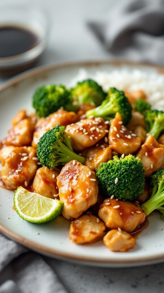 A plate of teriyaki chicken and broccoli garnished with sesame seeds and lime wedges.