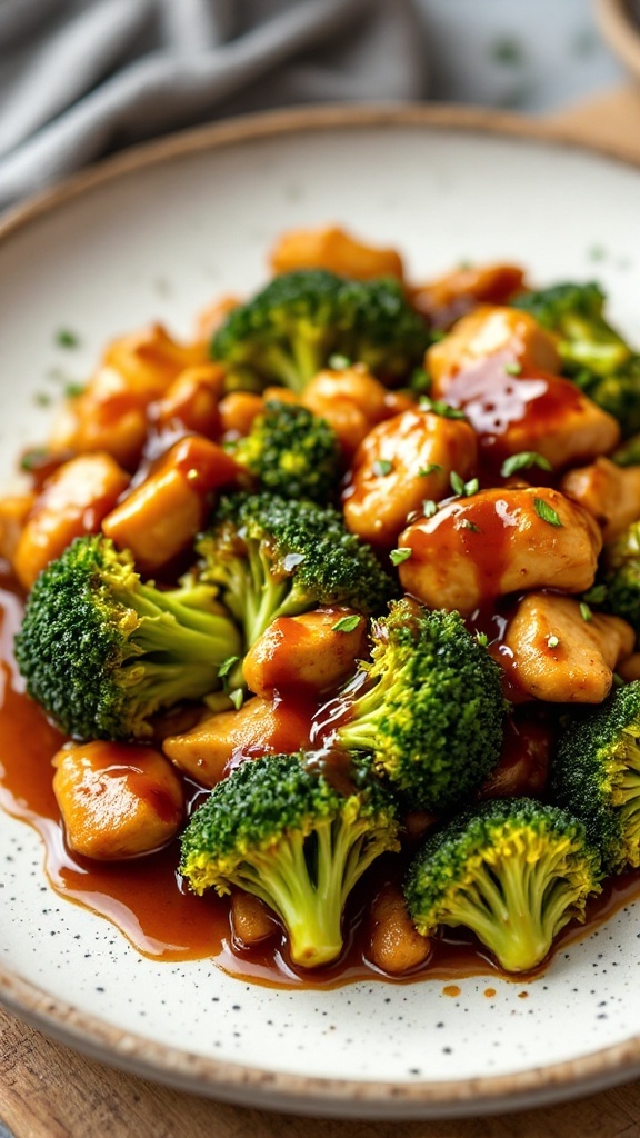 A delicious plate of teriyaki chicken and broccoli with a glossy sauce.