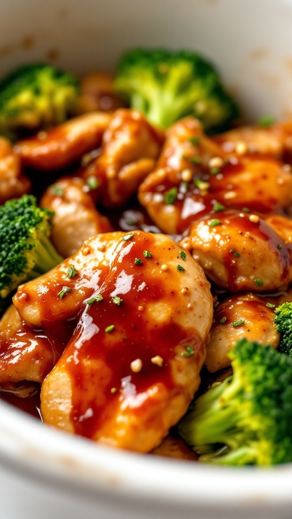 Delicious teriyaki chicken with broccoli in a crockpot.