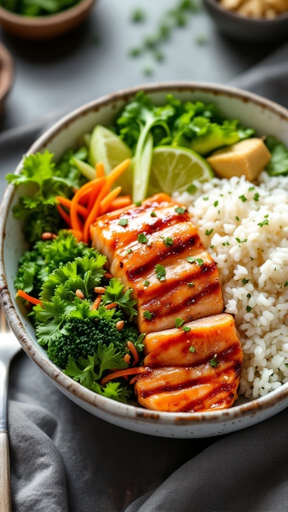 A vibrant teriyaki salmon bowl with salmon, rice, broccoli, and fresh vegetables