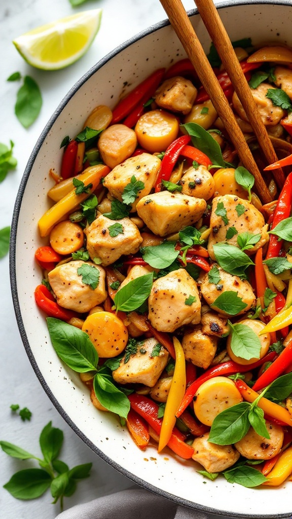 A colorful dish of Thai Basil Chicken Stir Fry featuring chicken, bell peppers, and fresh basil.