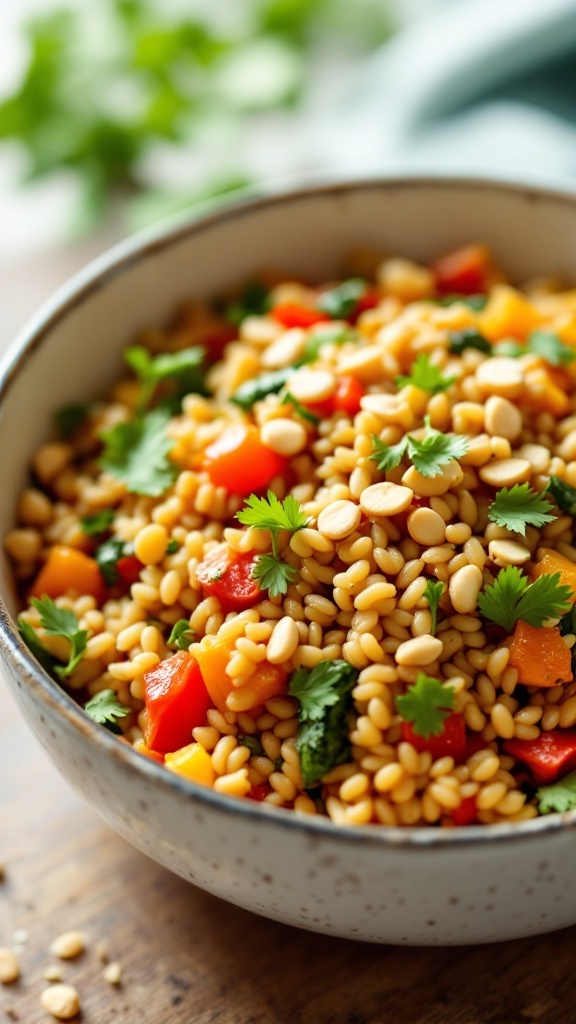 A bowl of Thai Peanut Orzo with colorful vegetables and garnished with cilantro.