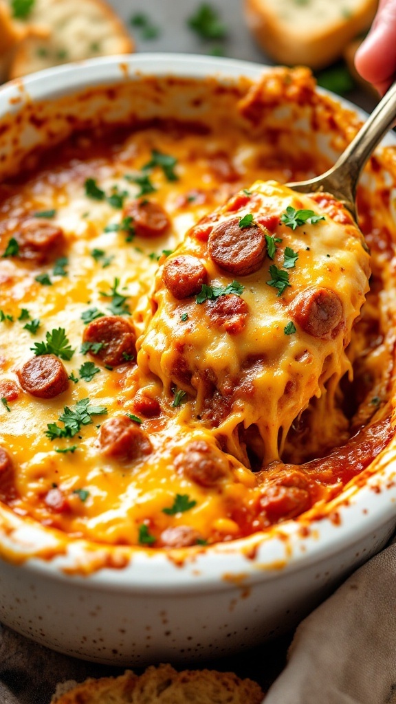 A delicious Three-Cheese Italian Sausage Dip served in a bowl with melted cheese and sausage topping.