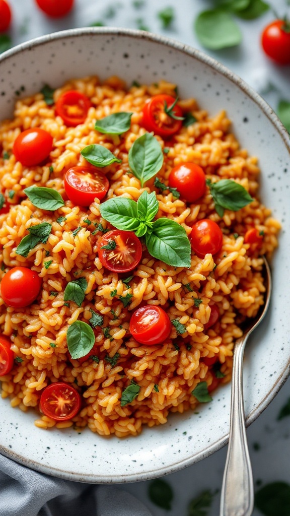 A bowl of tomato and basil risotto garnished with fresh basil and cherry tomatoes.