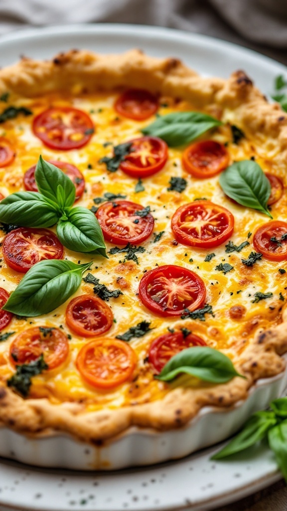A delicious Tomato Basil Cottage Cheese Quiche with cherry tomatoes and fresh basil leaves
