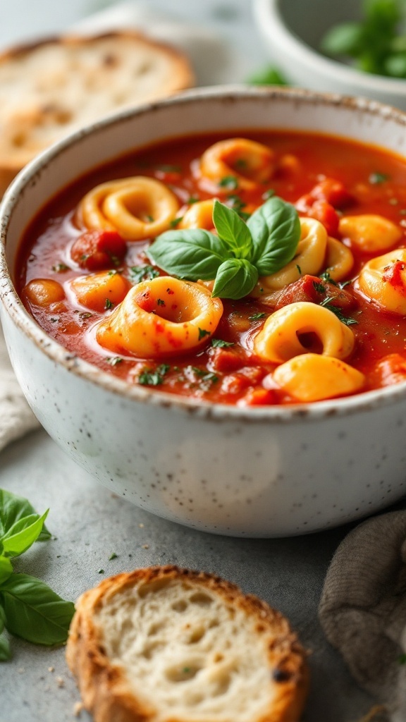 A bowl of Tomato Basil Tortellini Soup with fresh basil and crusty bread on the side.