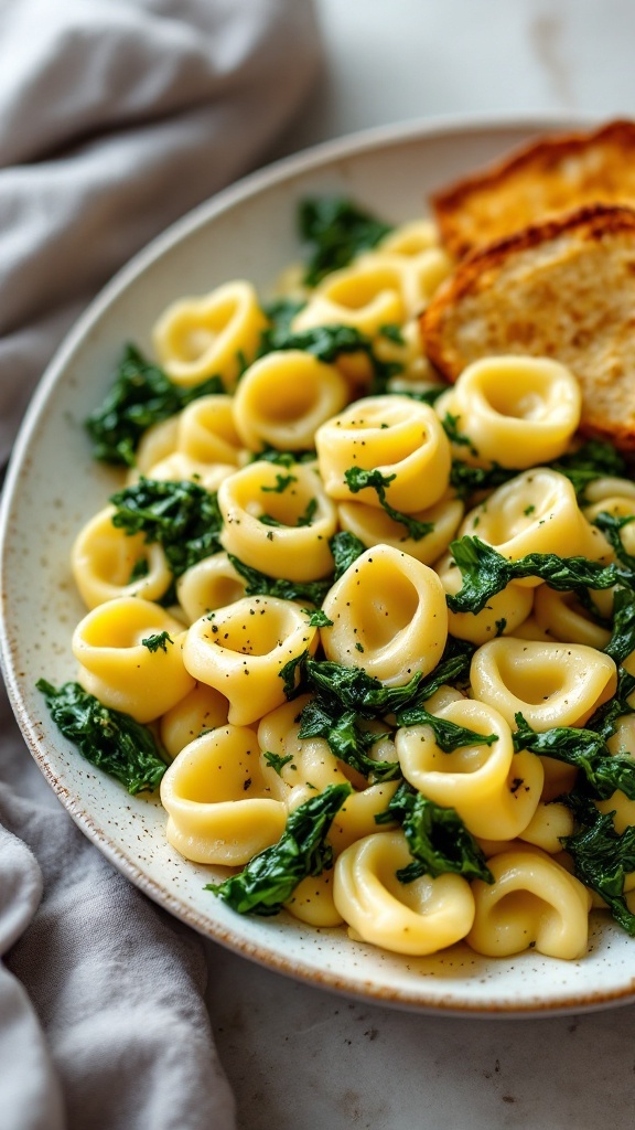 A plate of tortellini and spinach in garlic sauce.