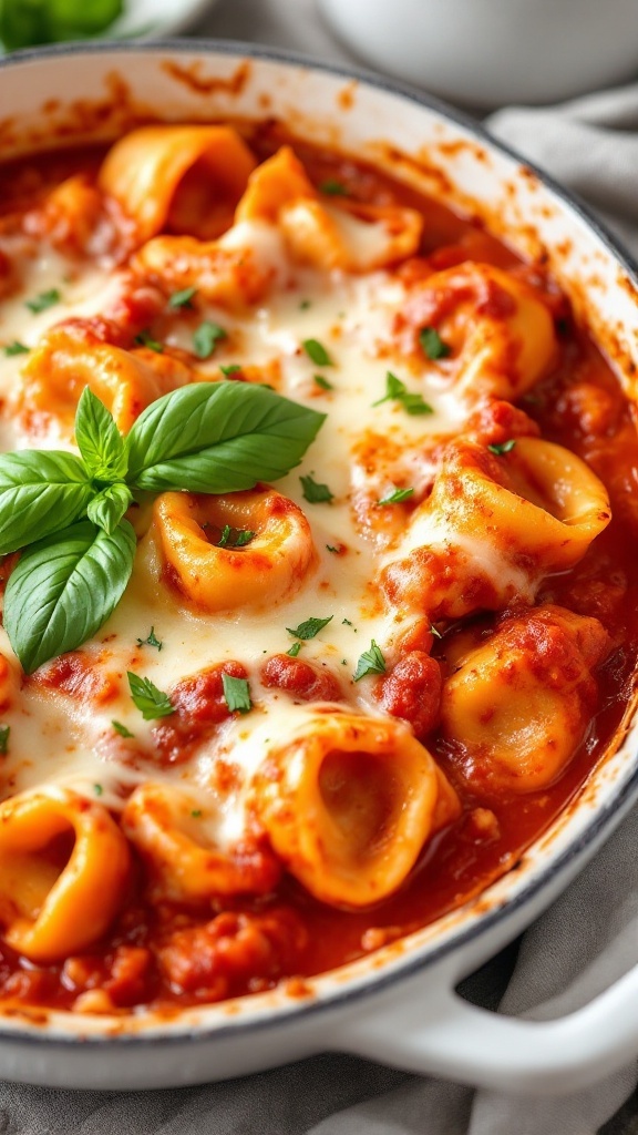 A delicious tortellini bake with marinara sauce topped with melted cheese and garnished with basil.