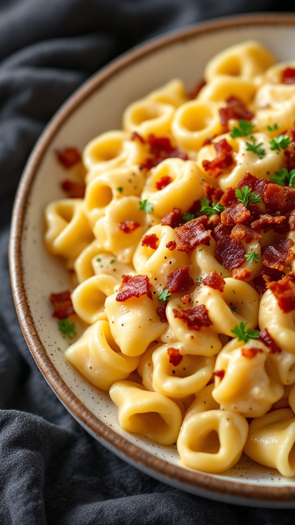 A plate of tortellini carbonara topped with crispy bacon and parsley.