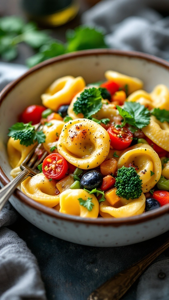 A bowl of tortellini primavera with cherry tomatoes, broccoli, and herbs.