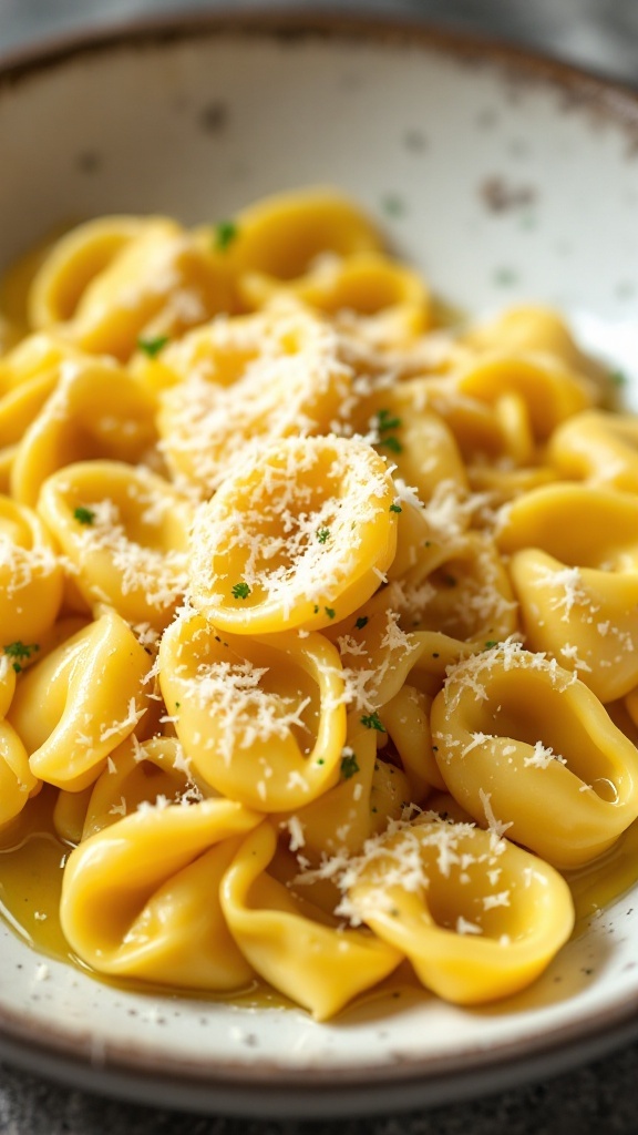 A bowl of tortellini drizzled with olive oil and topped with grated Parmesan cheese.