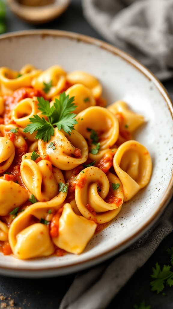 A plate of tortellini with roasted red pepper cream sauce garnished with parsley.