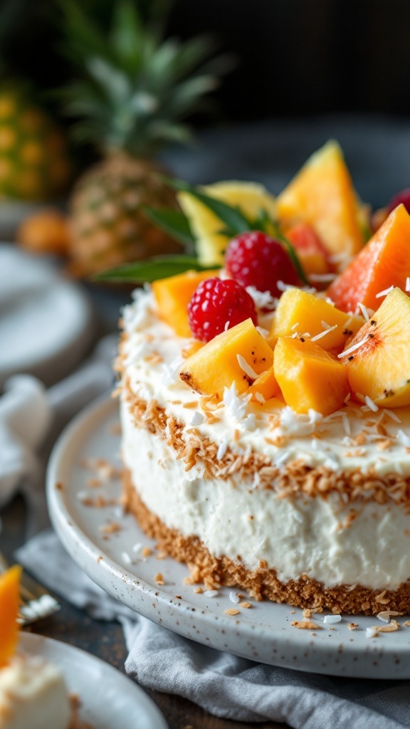A tropical coconut cottage cheese cheesecake topped with fresh fruit and shredded coconut.