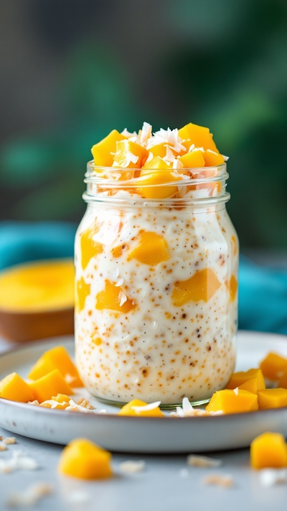 Tropical Coconut Mango Oats in a jar topped with mango and coconut