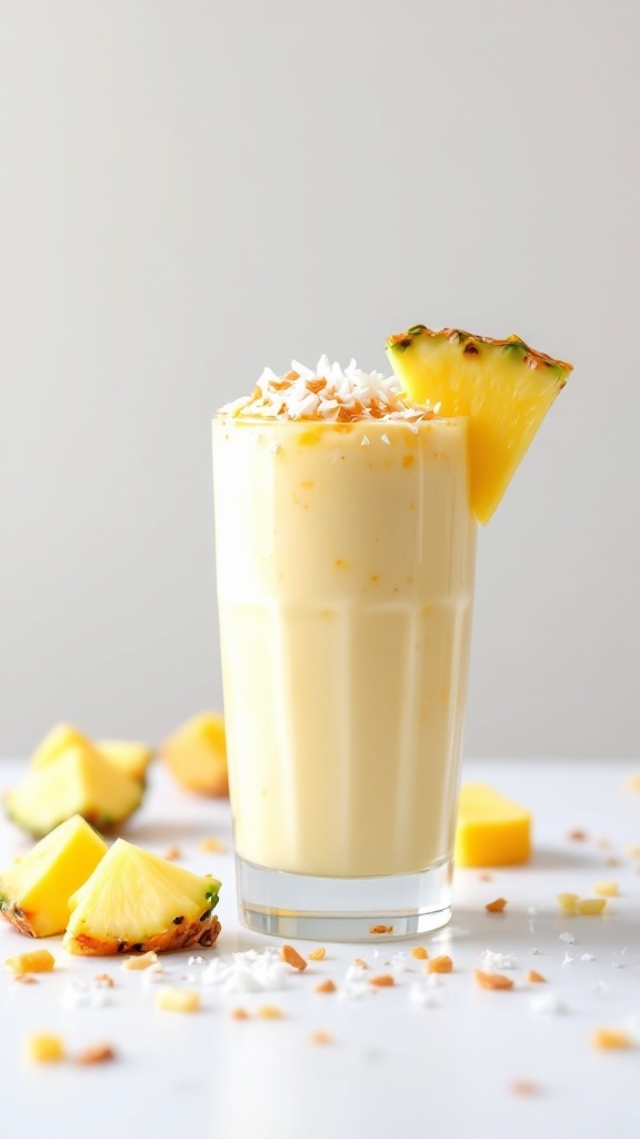 A refreshing tropical cottage cheese smoothie topped with coconut and pineapple.