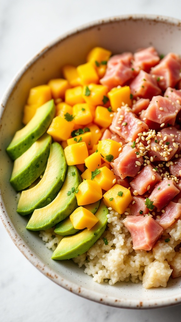 A colorful Tropical Mango Tuna Bowl featuring diced tuna, mango, and avocado.