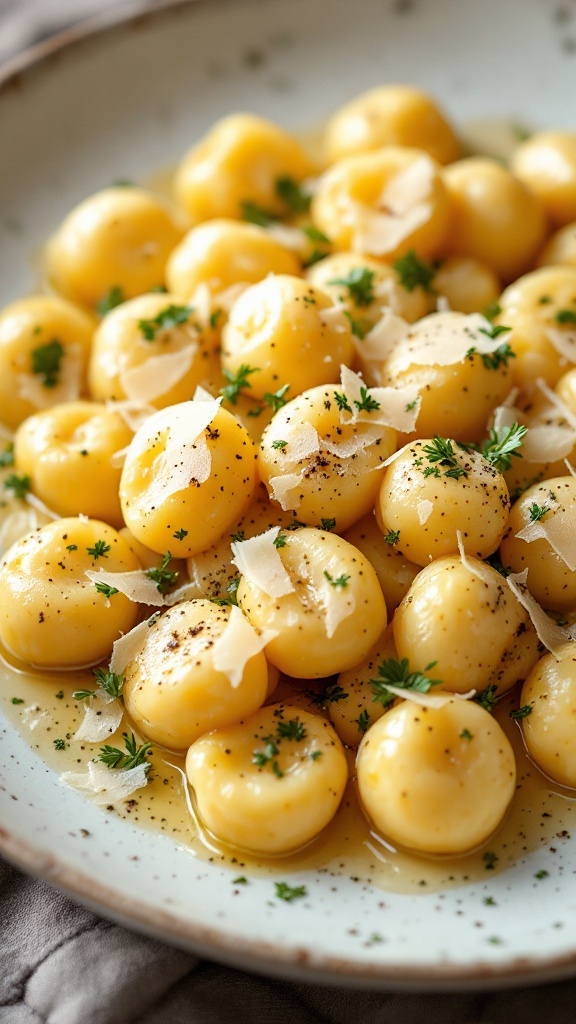 Plate of truffle gnocchi garnished with Parmesan and herbs