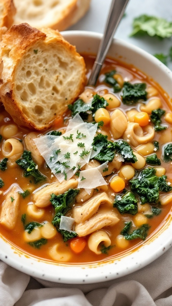 A bowl of Tuscan chicken soup with kale, garnished with parmesan and served with bread.