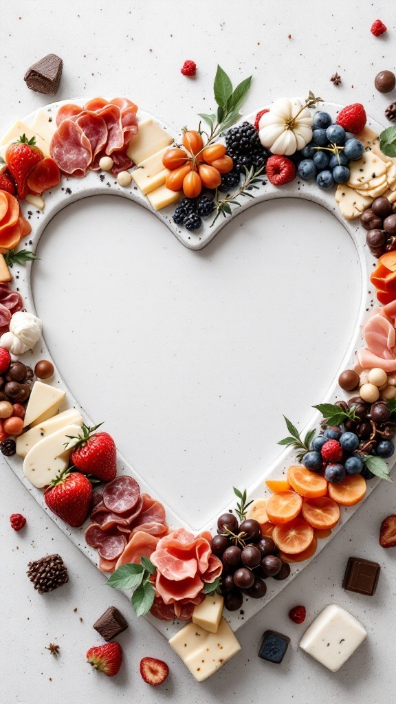 A heart-shaped charcuterie board with various meats, cheeses, fruits, and chocolates.